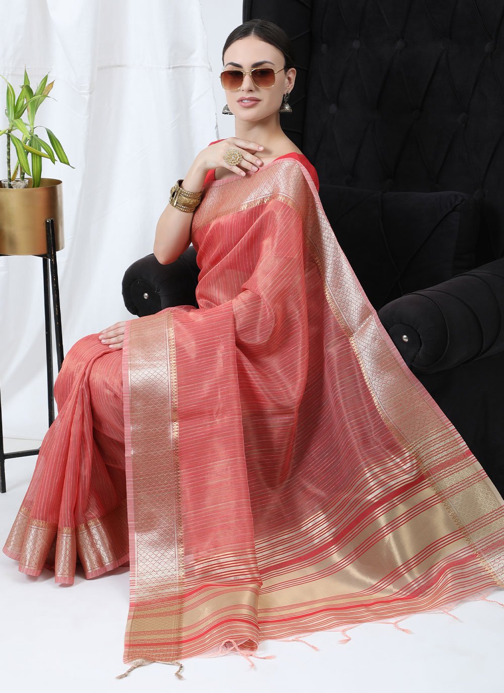 Contemporary Linen Tissue Pink Strips Print Saree