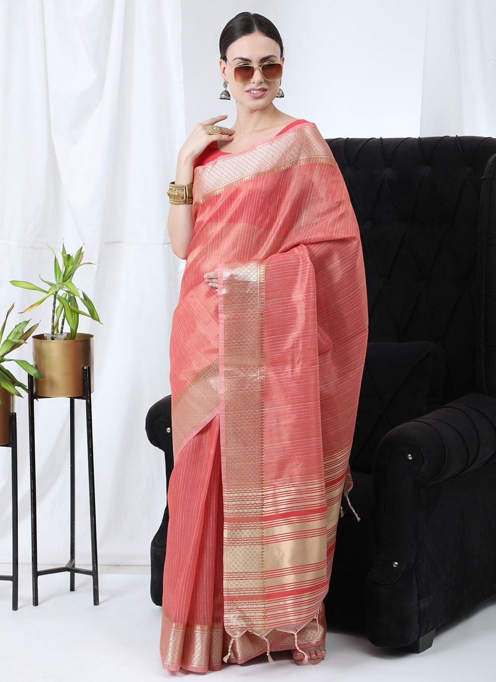 Contemporary Linen Tissue Pink Strips Print Saree