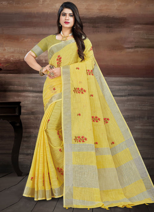 Classic Linen Yellow Embroidered Saree