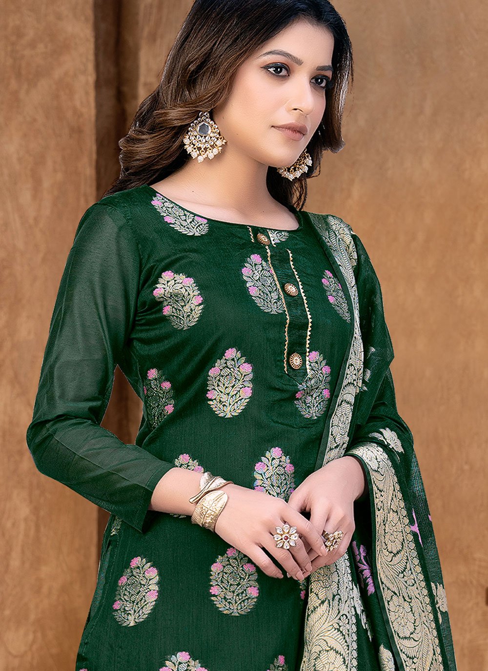 Floor Lenght Salwar Suit Banarasi Jacquard Green Weaving Salwar Kameez