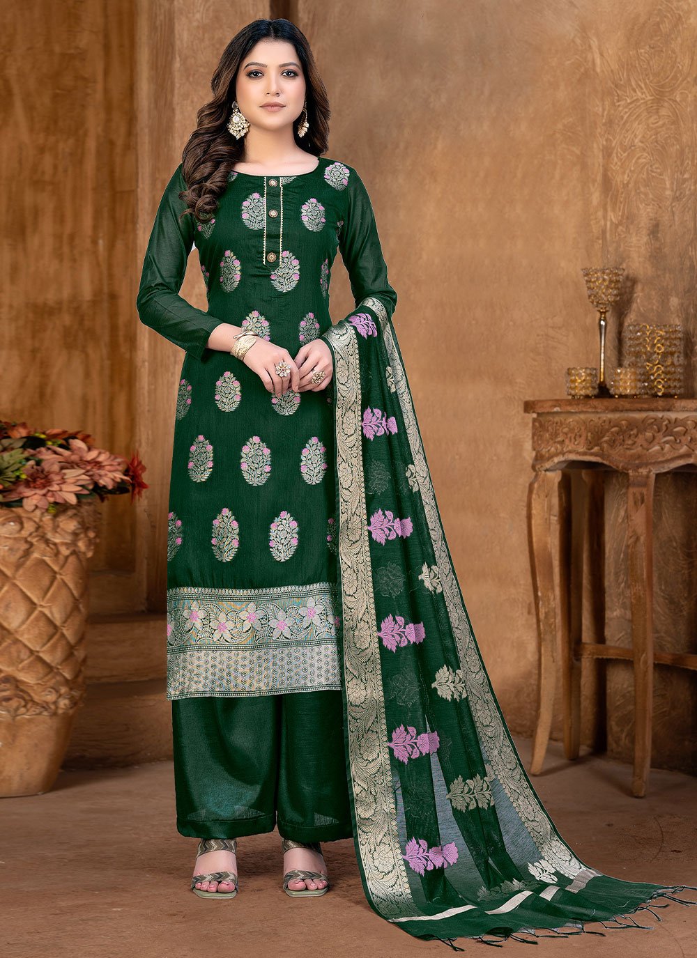 Floor Lenght Salwar Suit Banarasi Jacquard Green Weaving Salwar Kameez