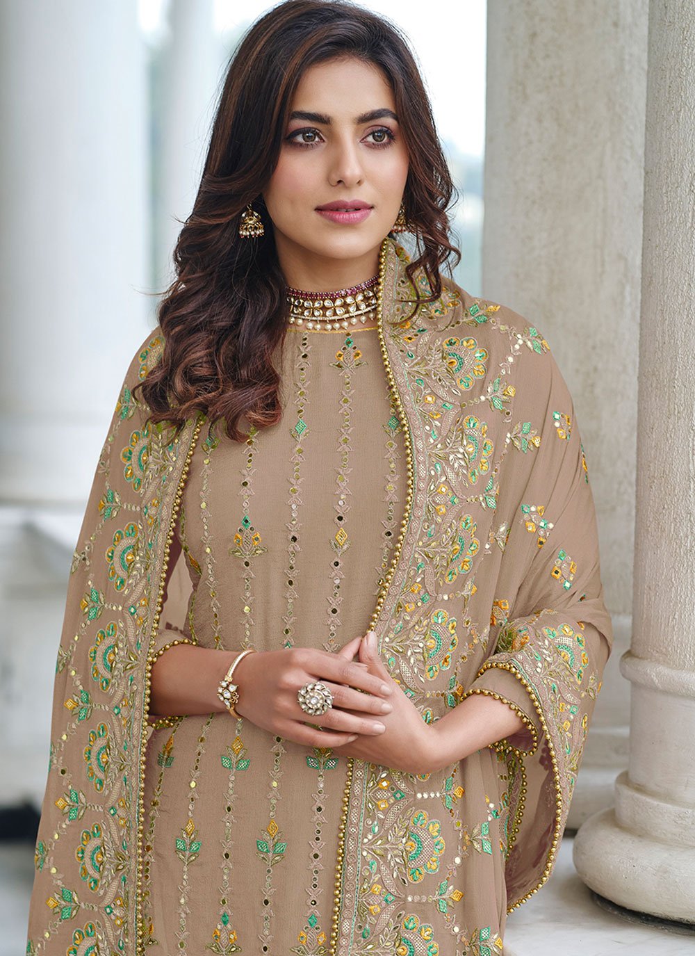 Floor Lenght Salwar Suit Faux Georgette Brown Embroidered Salwar Kameez