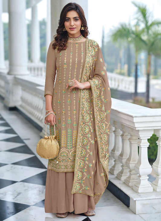 Floor Lenght Salwar Suit Faux Georgette Brown Embroidered Salwar Kameez