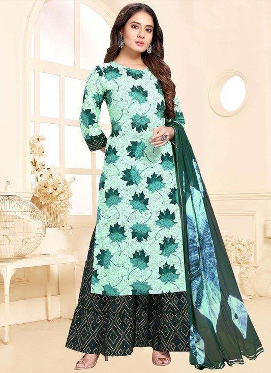 Floor Lenght Salwar Suit Cotton Sea Green Print Salwar Kameez