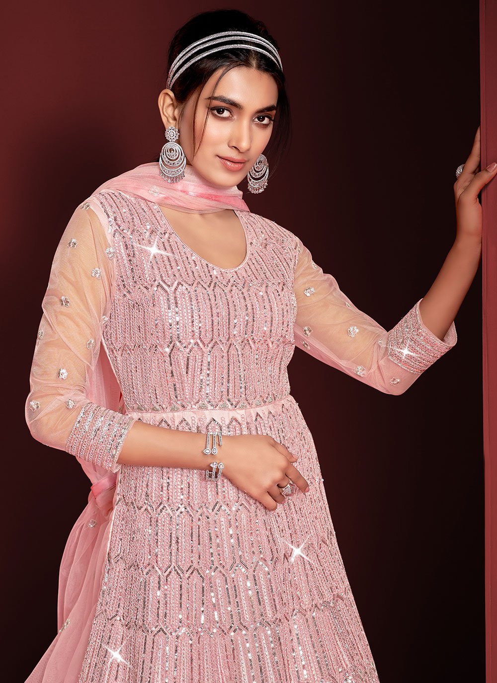 Floor Lenght Salwar Suit Net Pink Embroidered Salwar Kameez