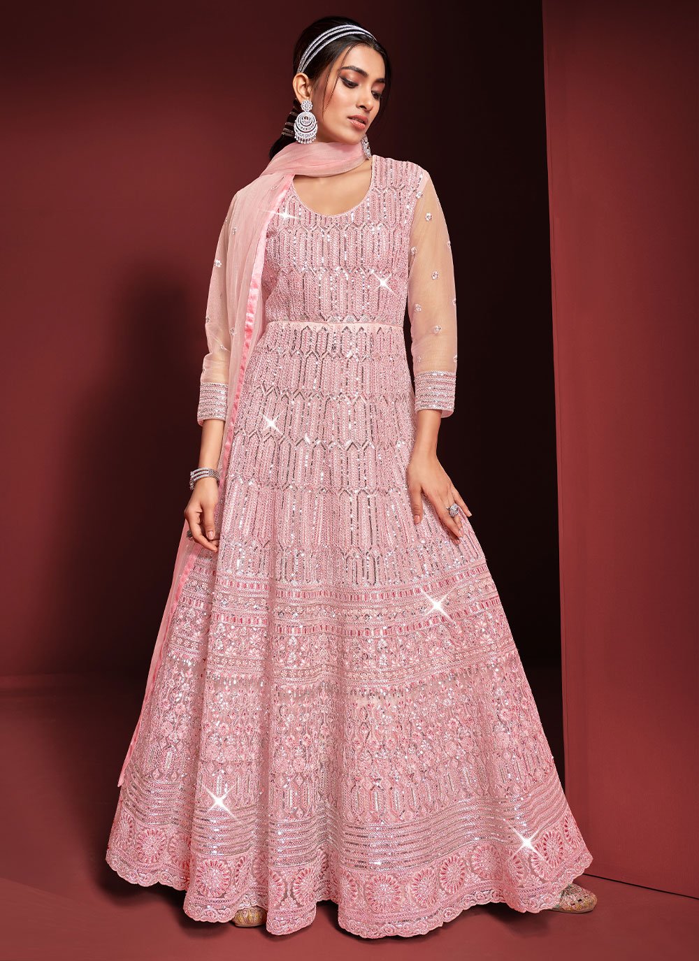 Floor Lenght Salwar Suit Net Pink Embroidered Salwar Kameez