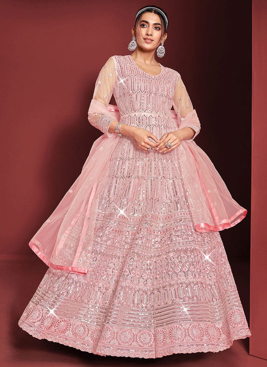 Floor Lenght Salwar Suit Net Pink Embroidered Salwar Kameez