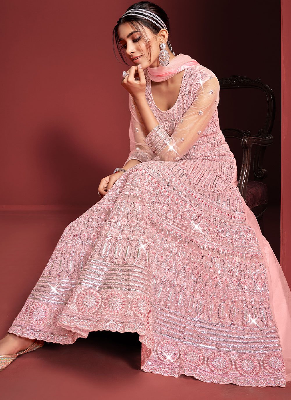 Floor Lenght Salwar Suit Net Pink Embroidered Salwar Kameez