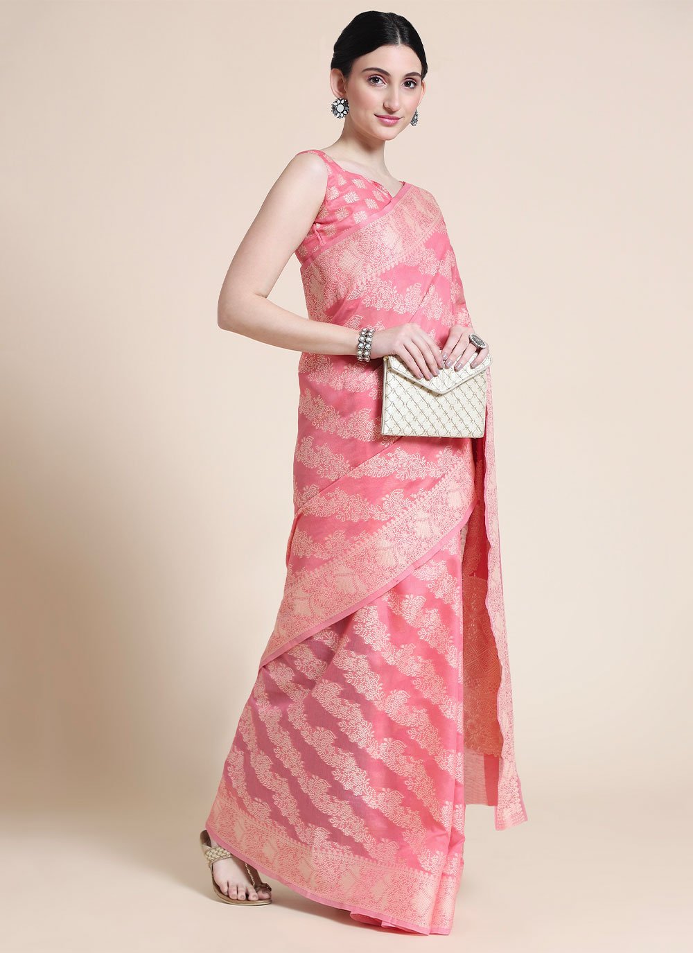 Classic Cotton Lucknowi Pink Chikankari Work Saree