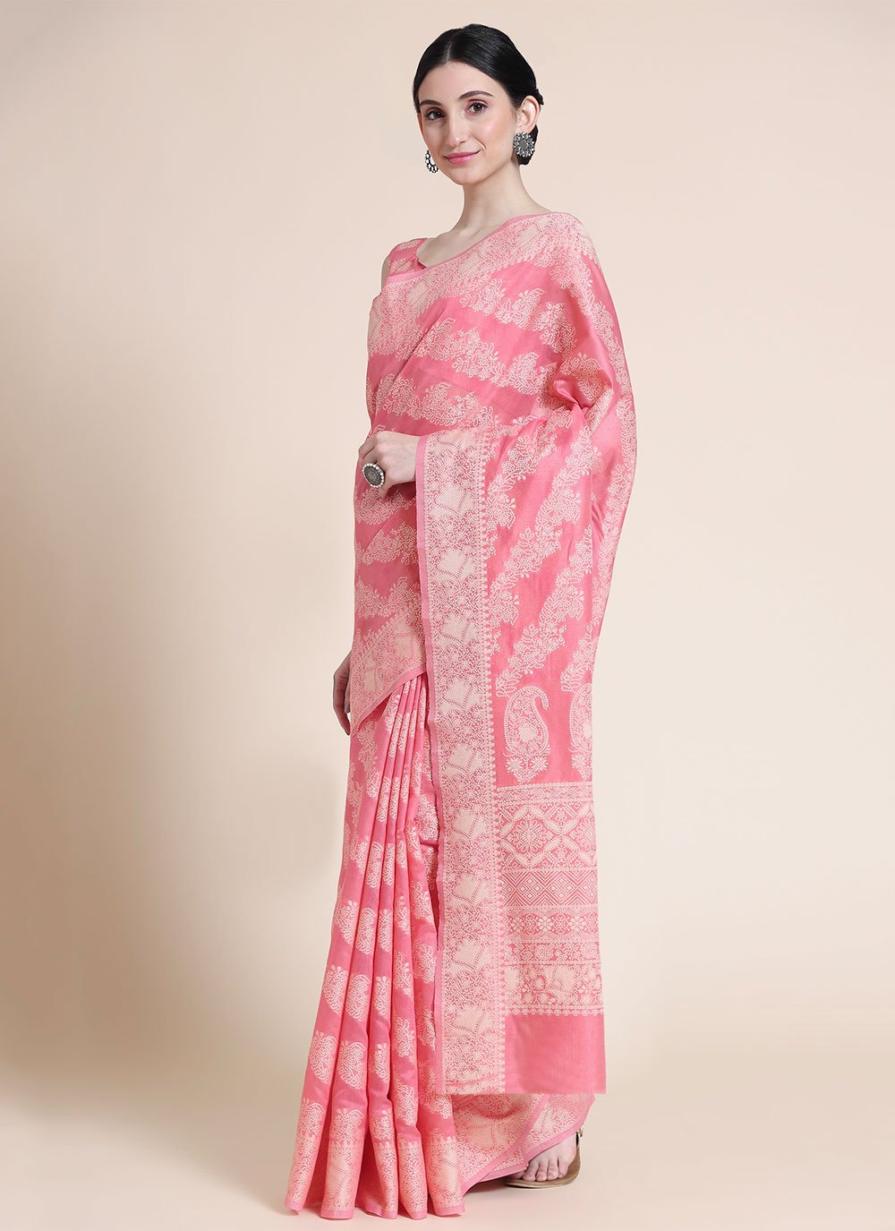 Classic Cotton Lucknowi Pink Chikankari Work Saree