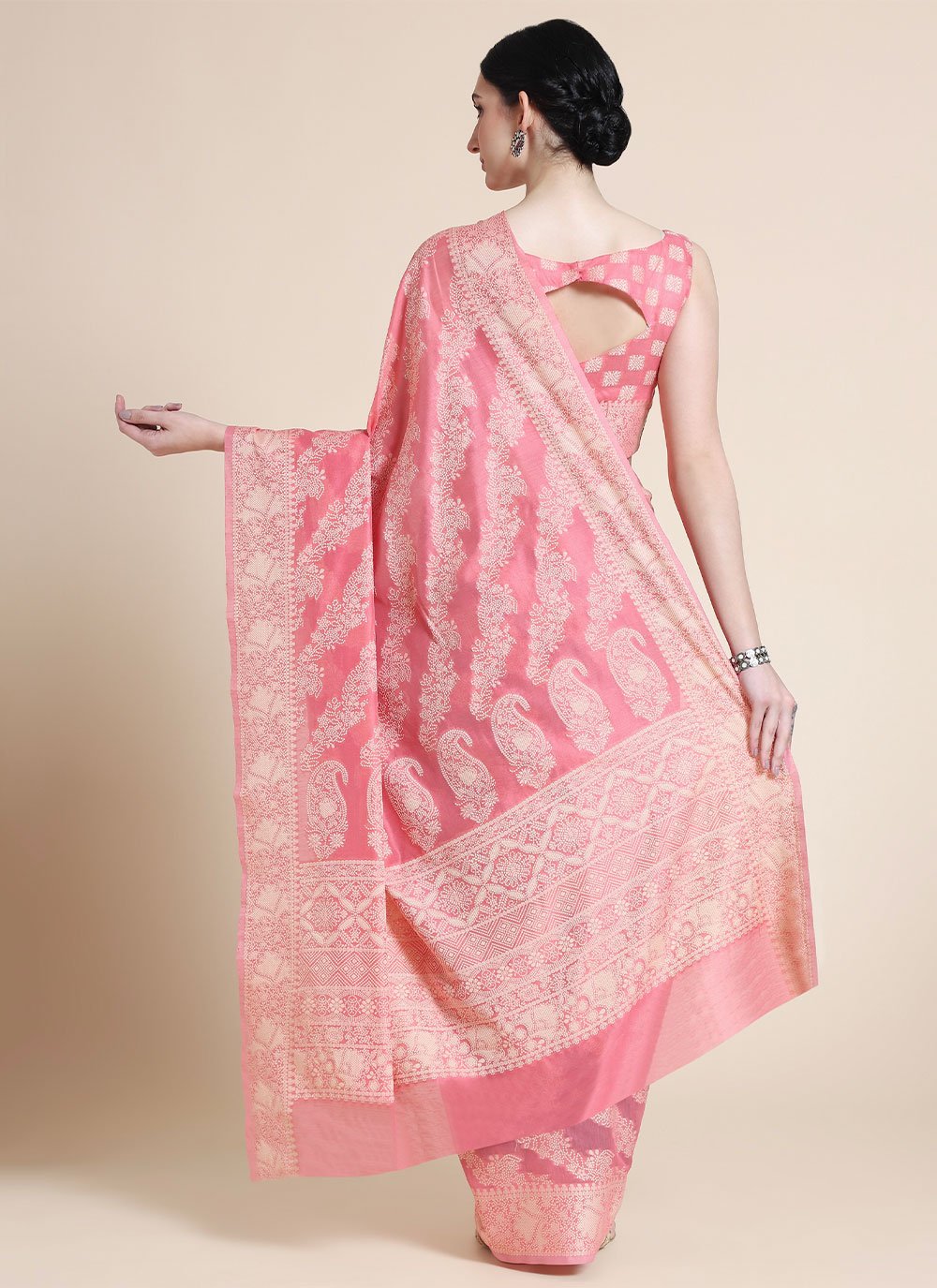 Classic Cotton Lucknowi Pink Chikankari Work Saree