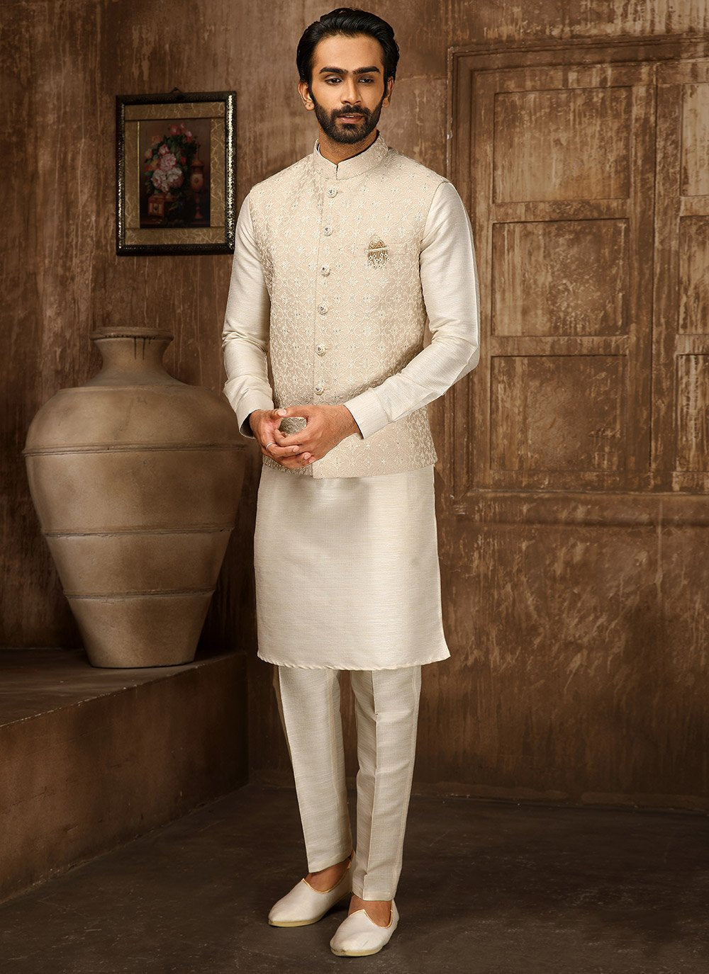 Kurta Payjama With Jacket Lucknowi Cream Embroidered Mens