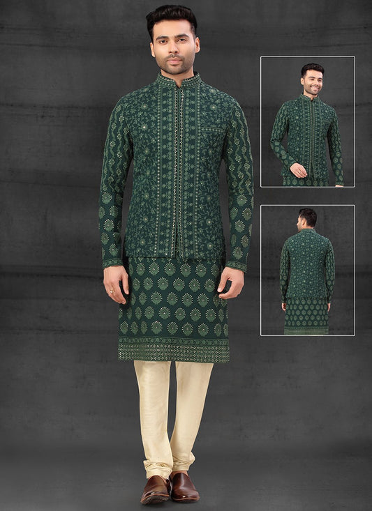 Kurta Payjama With Jacket Lucknowi Green Embroidered Mens