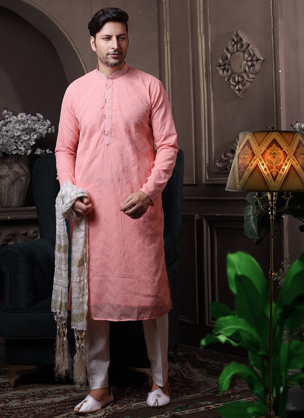 Kurta Pyjama Georgette Lucknowi Pink Embroidered Mens