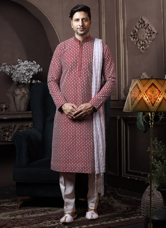 Kurta Pyjama Lucknowi Silk Maroon Embroidered Mens