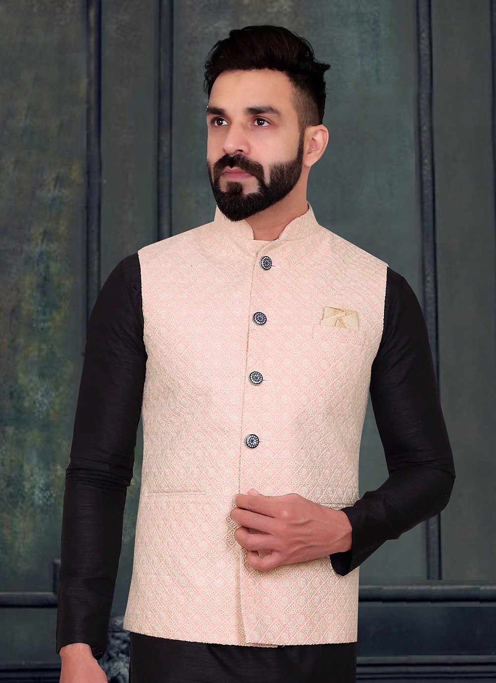 Nehru Jackets Lucknowi Peach Embroidered Mens