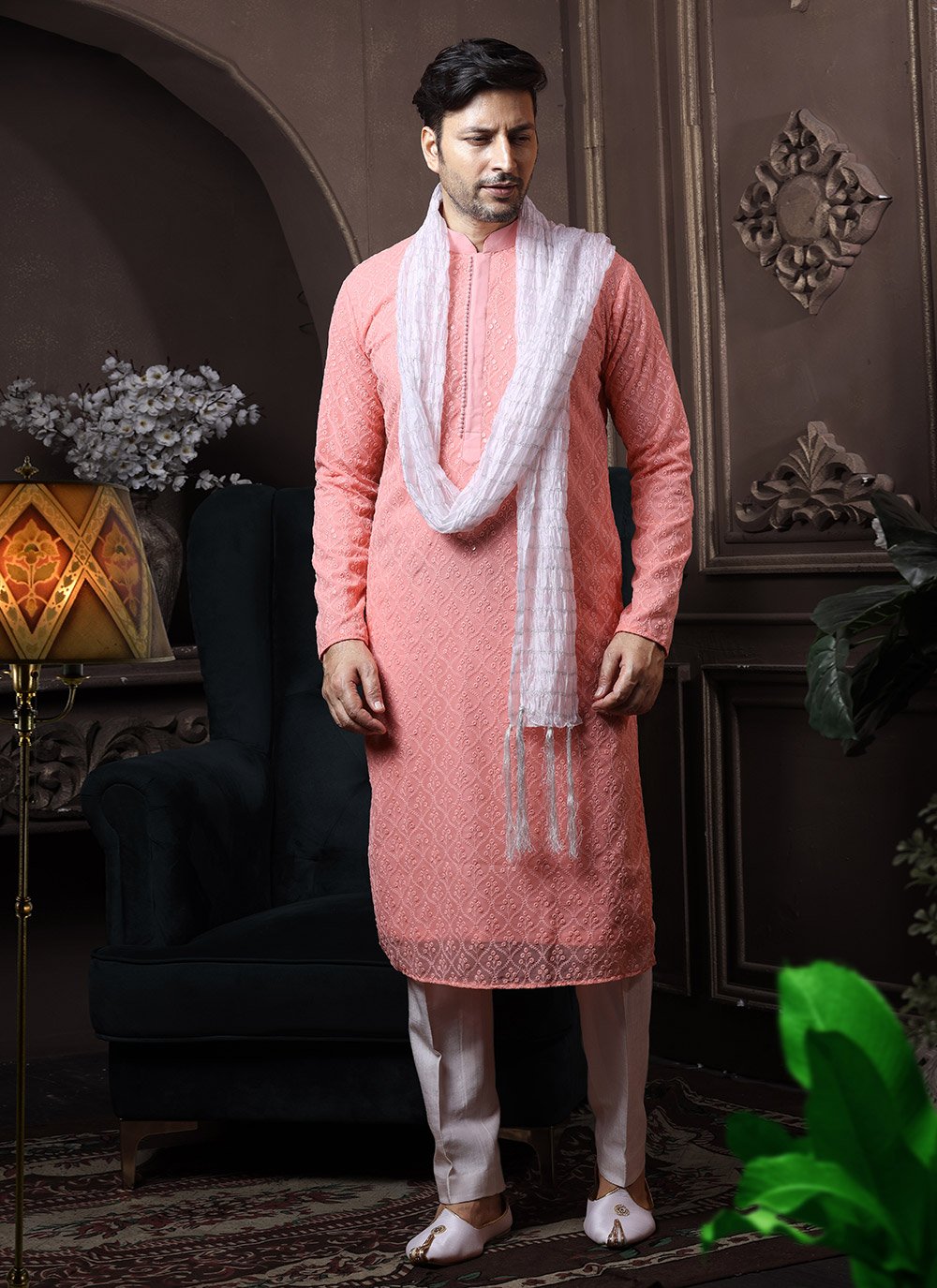 Kurta Pyjama Georgette Lucknowi Peach Embroidered Mens