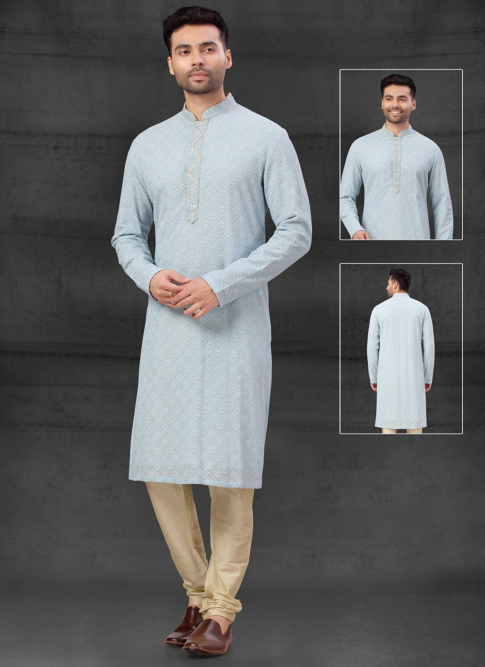 Kurta Pyjama Lucknowi Grey Embroidered Mens