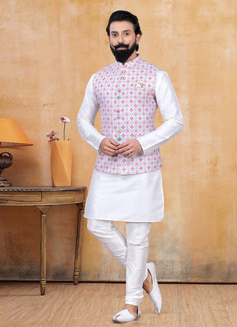 Nehru Jackets Lucknowi Pink Print Mens