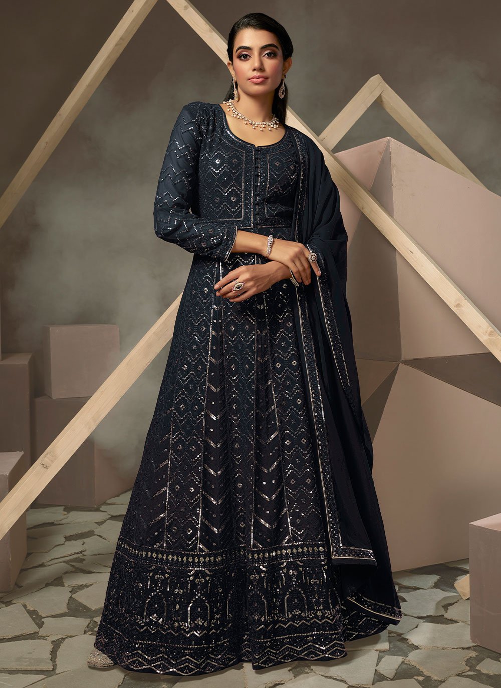 Designer Gown Georgette Blue Lucknowi Work Gown