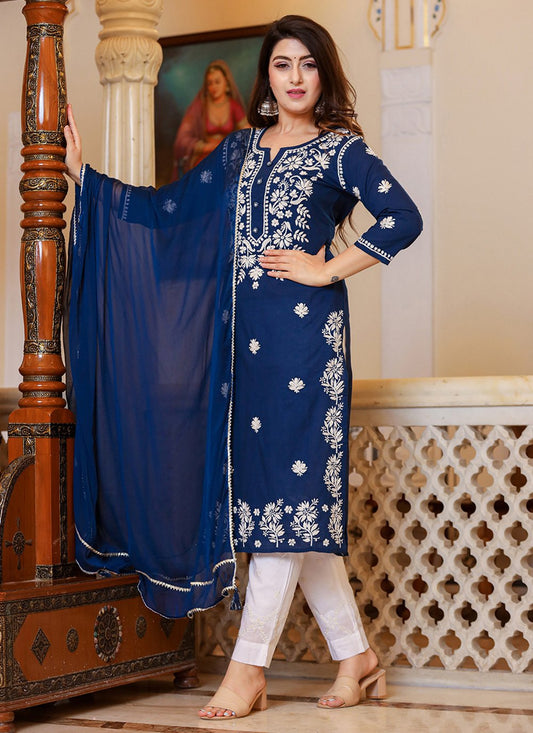 Pant Style Suit Cotton Blue Lucknowi Work Salwar Kameez