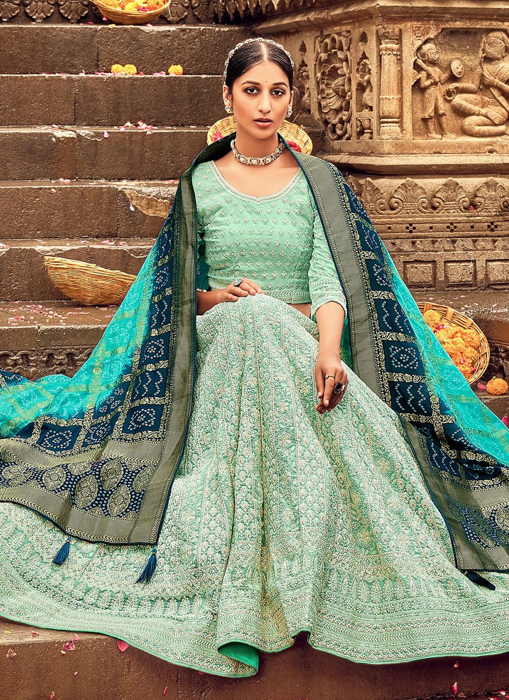 A Line Lehenga Georgette Sea Green Embroidered Lehenga Choli