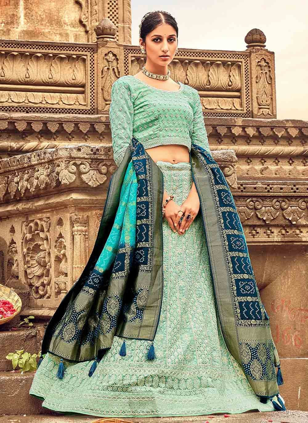 A Line Lehenga Georgette Sea Green Embroidered Lehenga Choli