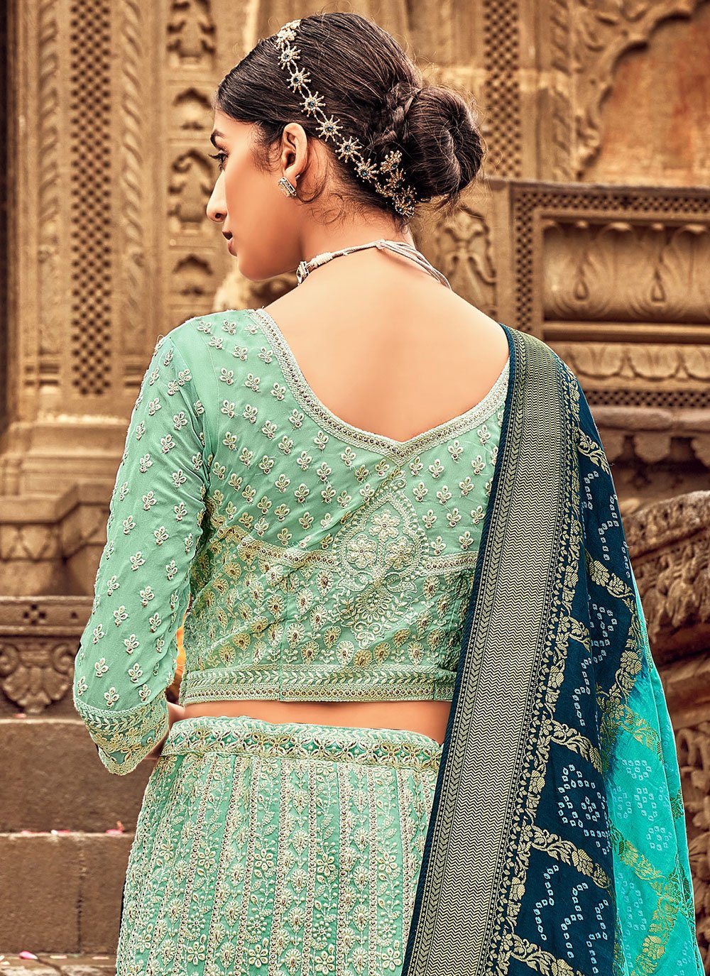 A Line Lehenga Georgette Sea Green Embroidered Lehenga Choli