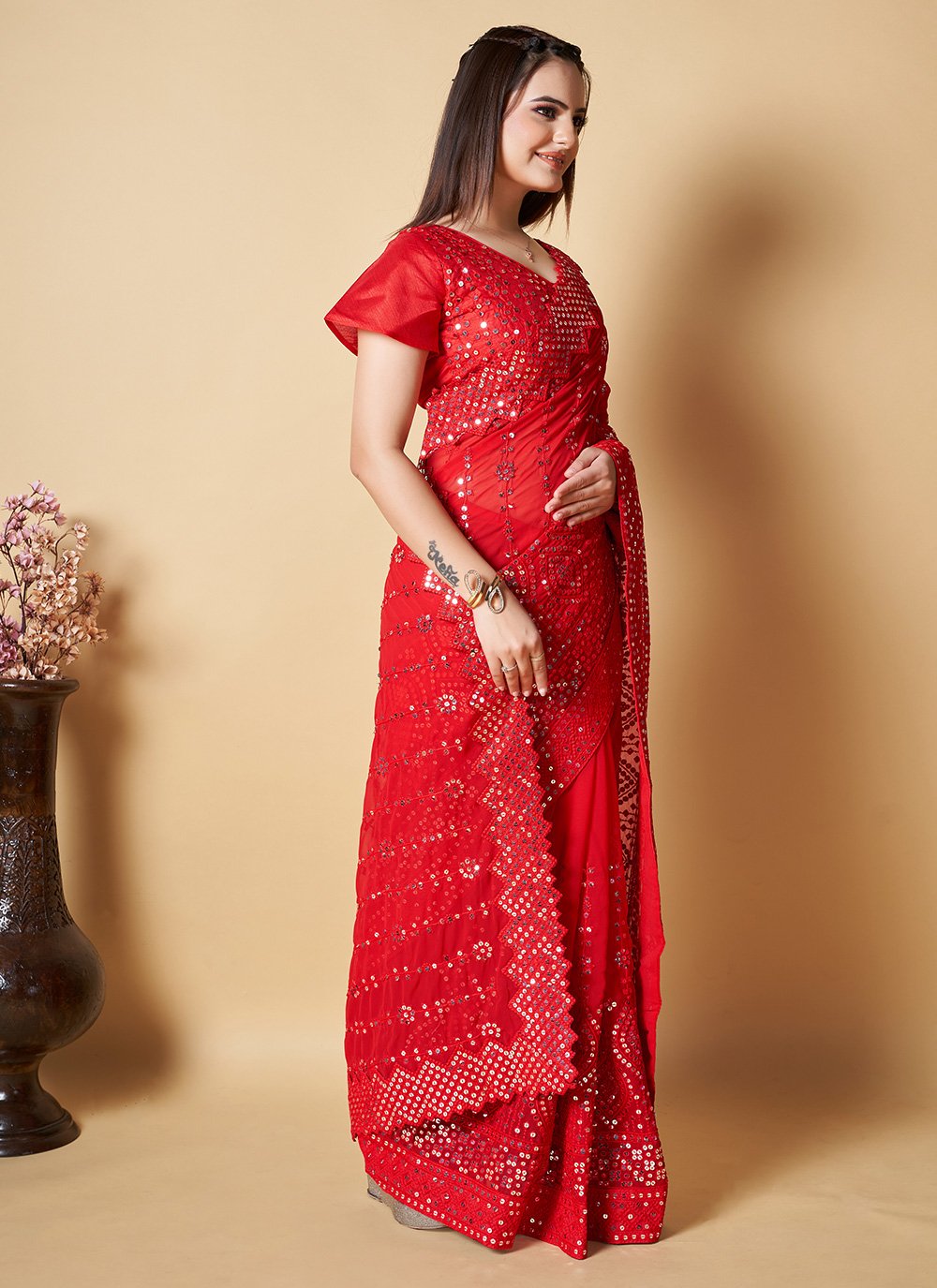Contemporary Georgette Red Lucknowi Work Saree