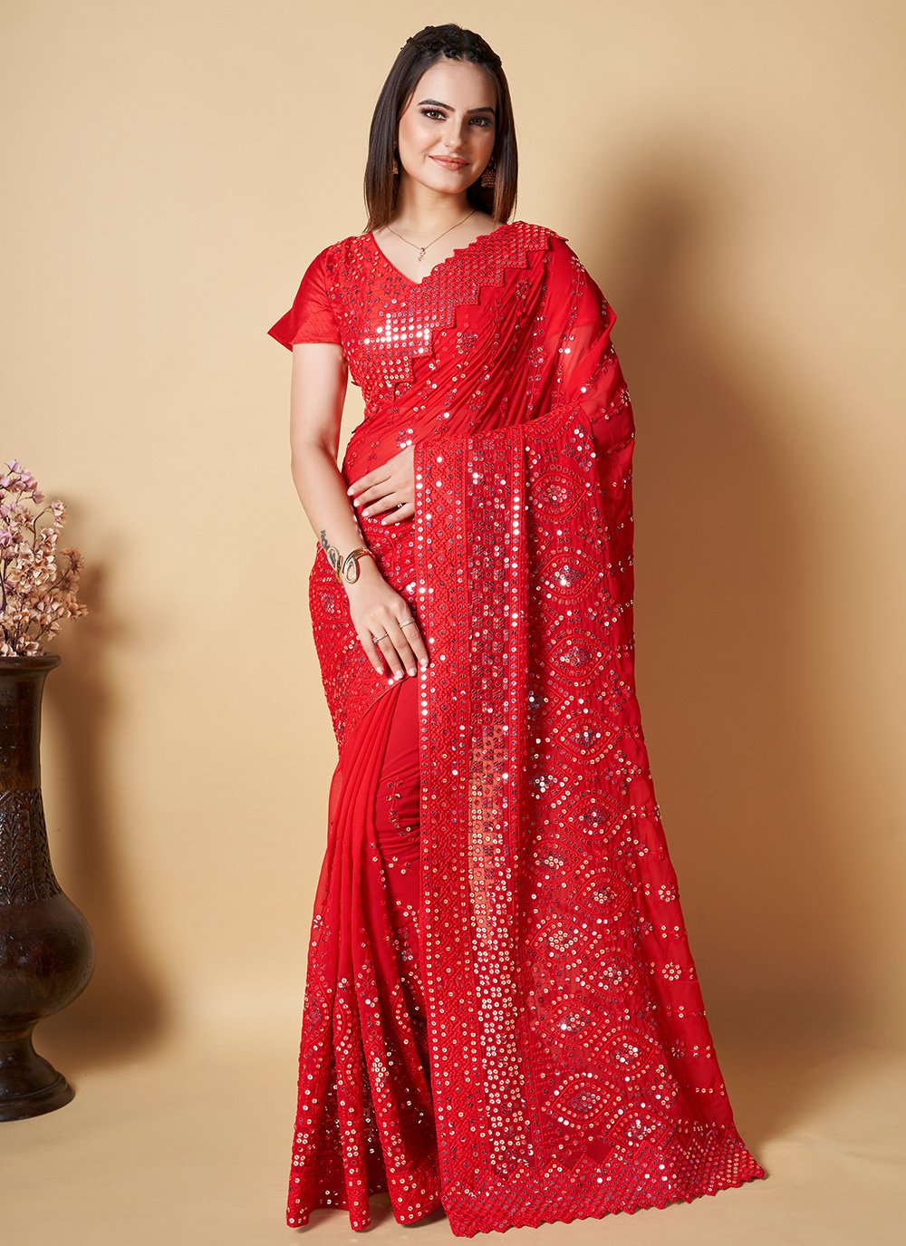 Contemporary Georgette Red Lucknowi Work Saree