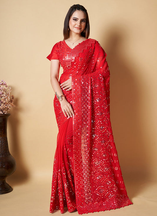 Contemporary Georgette Red Lucknowi Work Saree