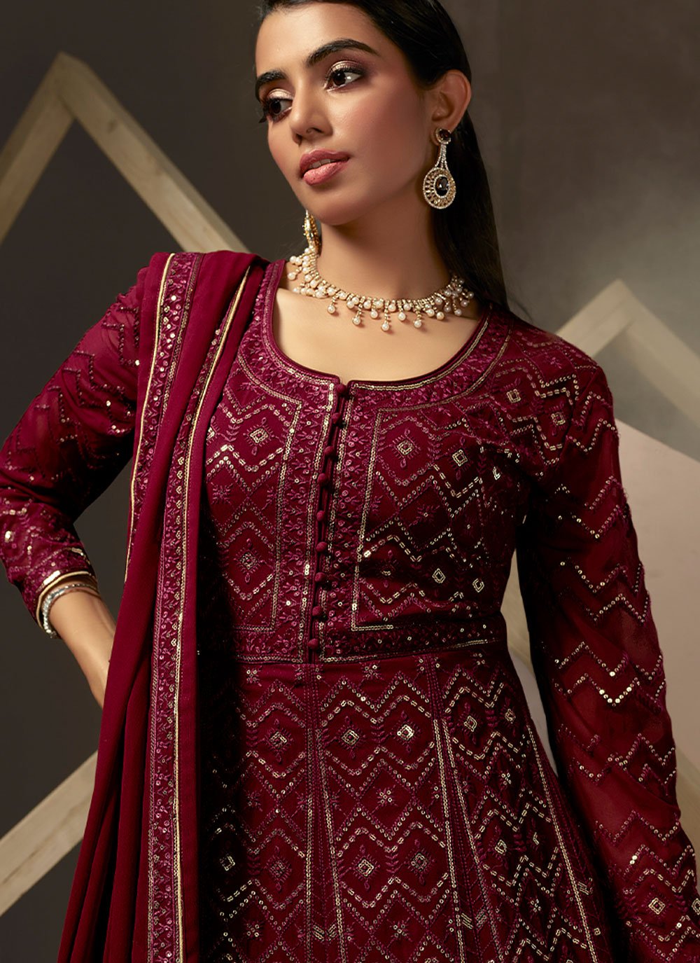 Gown Georgette Maroon Lucknowi Work Gown