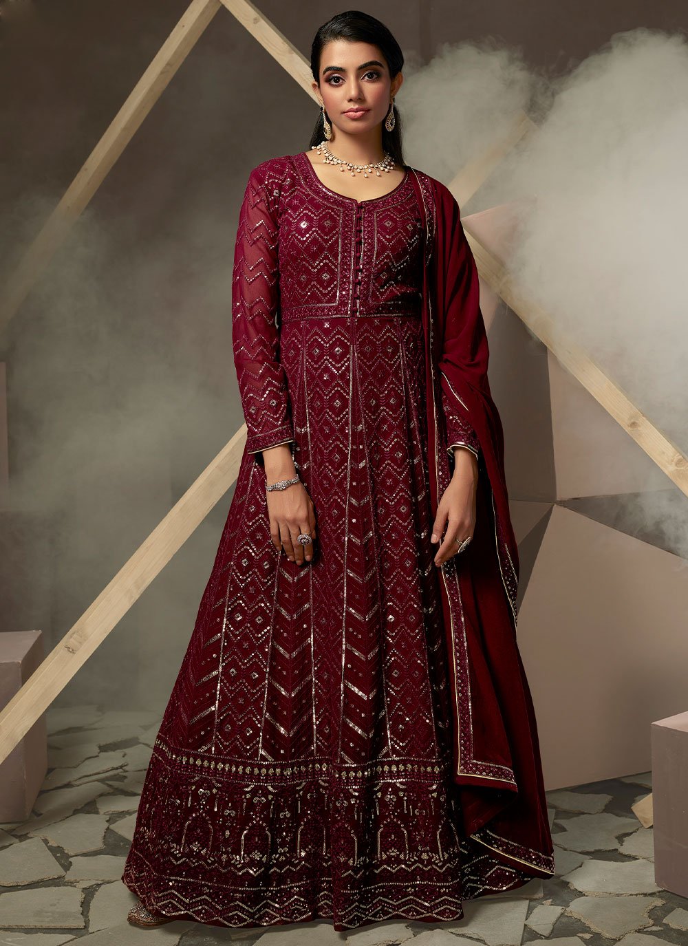 Gown Georgette Maroon Lucknowi Work Gown