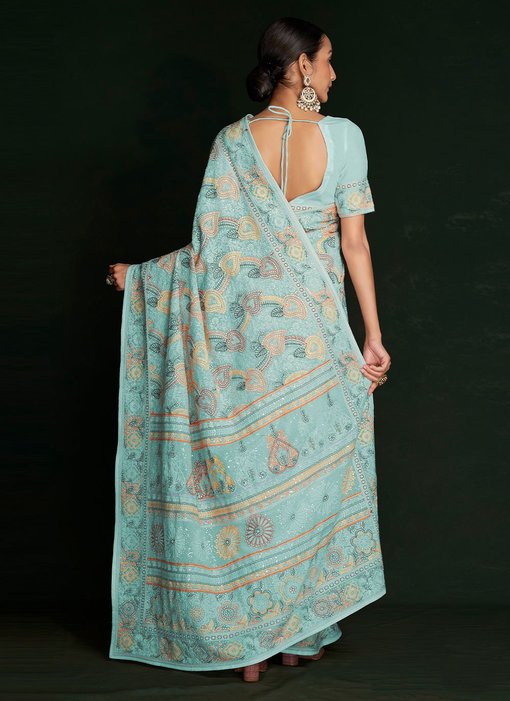 Designer Georgette Turquoise Lucknowi Work Saree