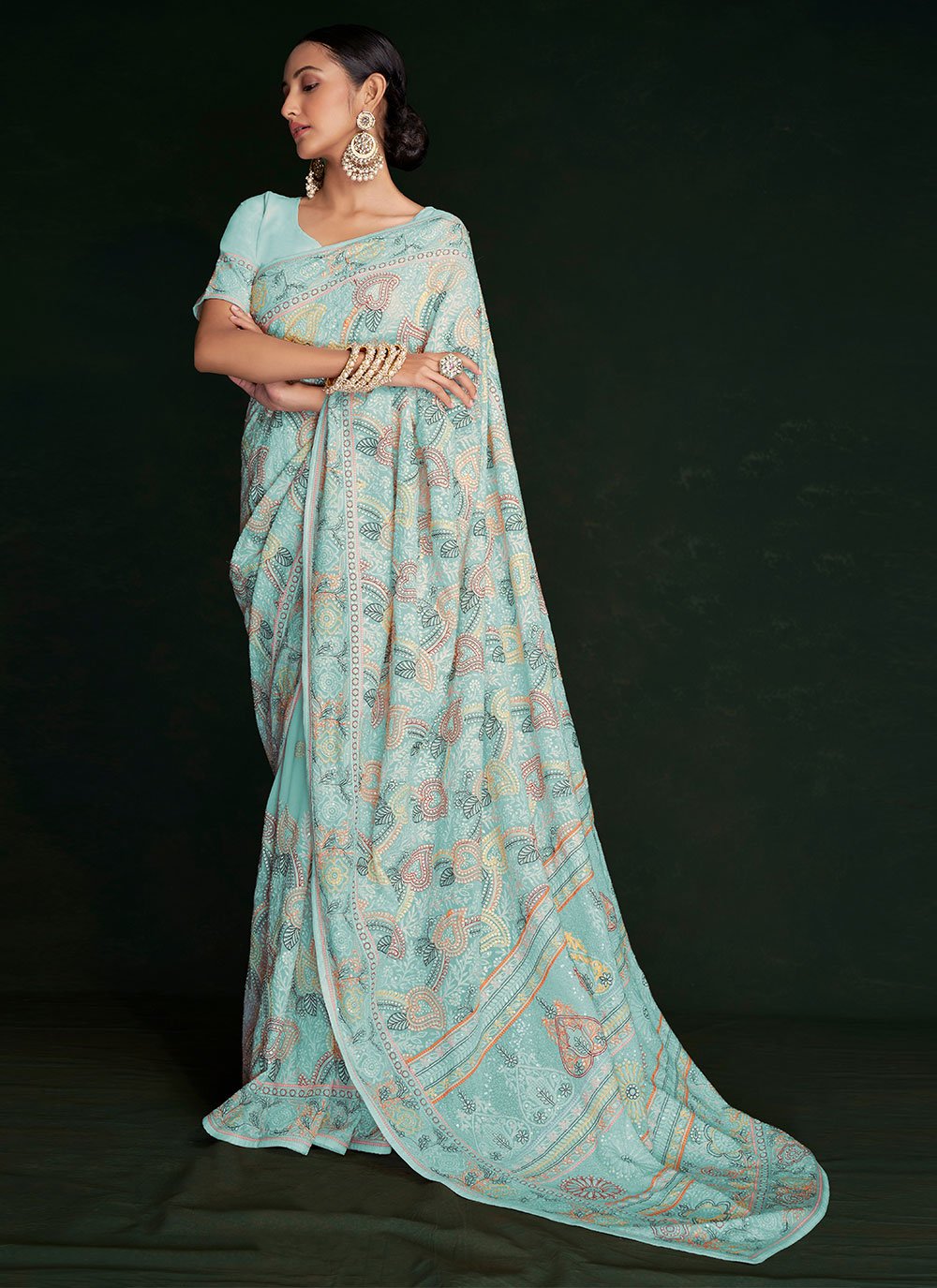 Designer Georgette Turquoise Lucknowi Work Saree