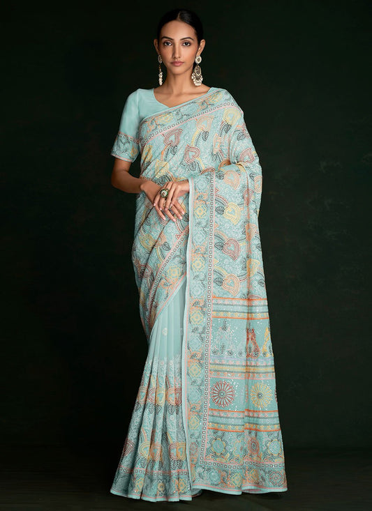 Designer Georgette Turquoise Lucknowi Work Saree