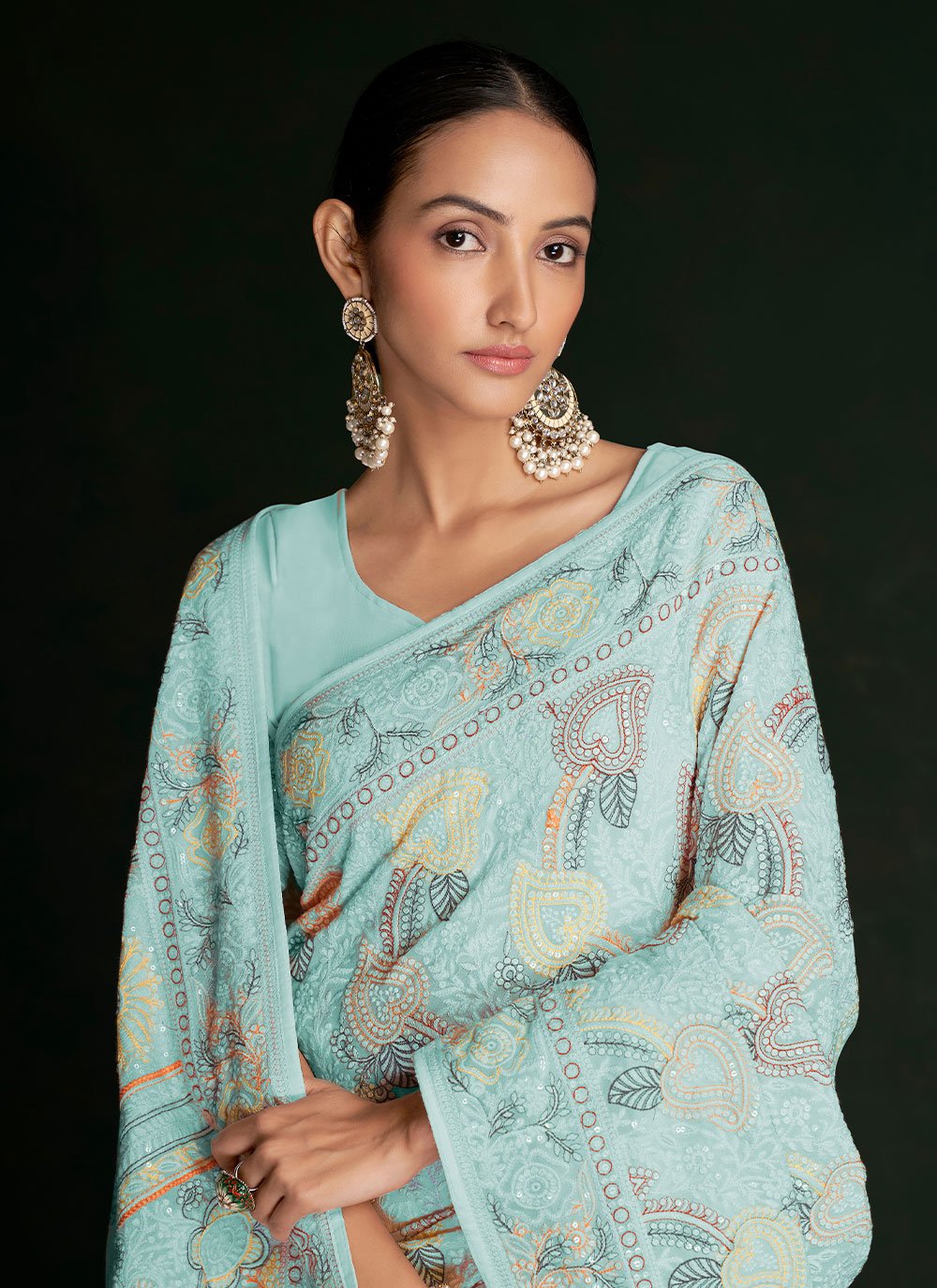 Designer Georgette Turquoise Lucknowi Work Saree