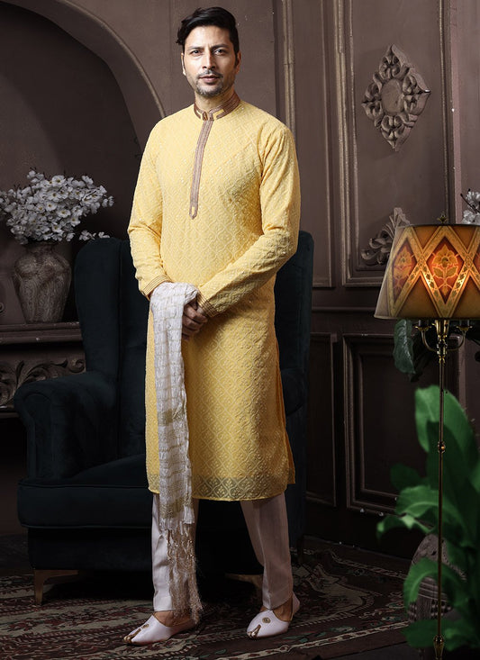 Kurta Pyjama Georgette Lucknowi Yellow Embroidered Mens