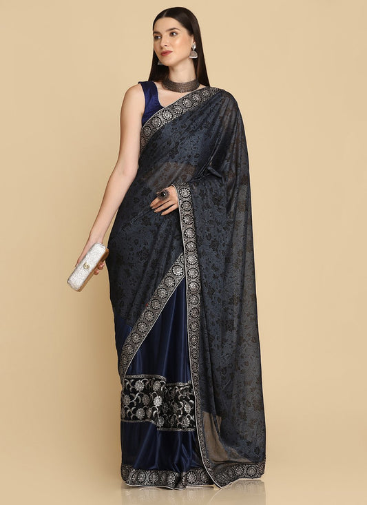 Classic Lycra Blue Embroidered Saree