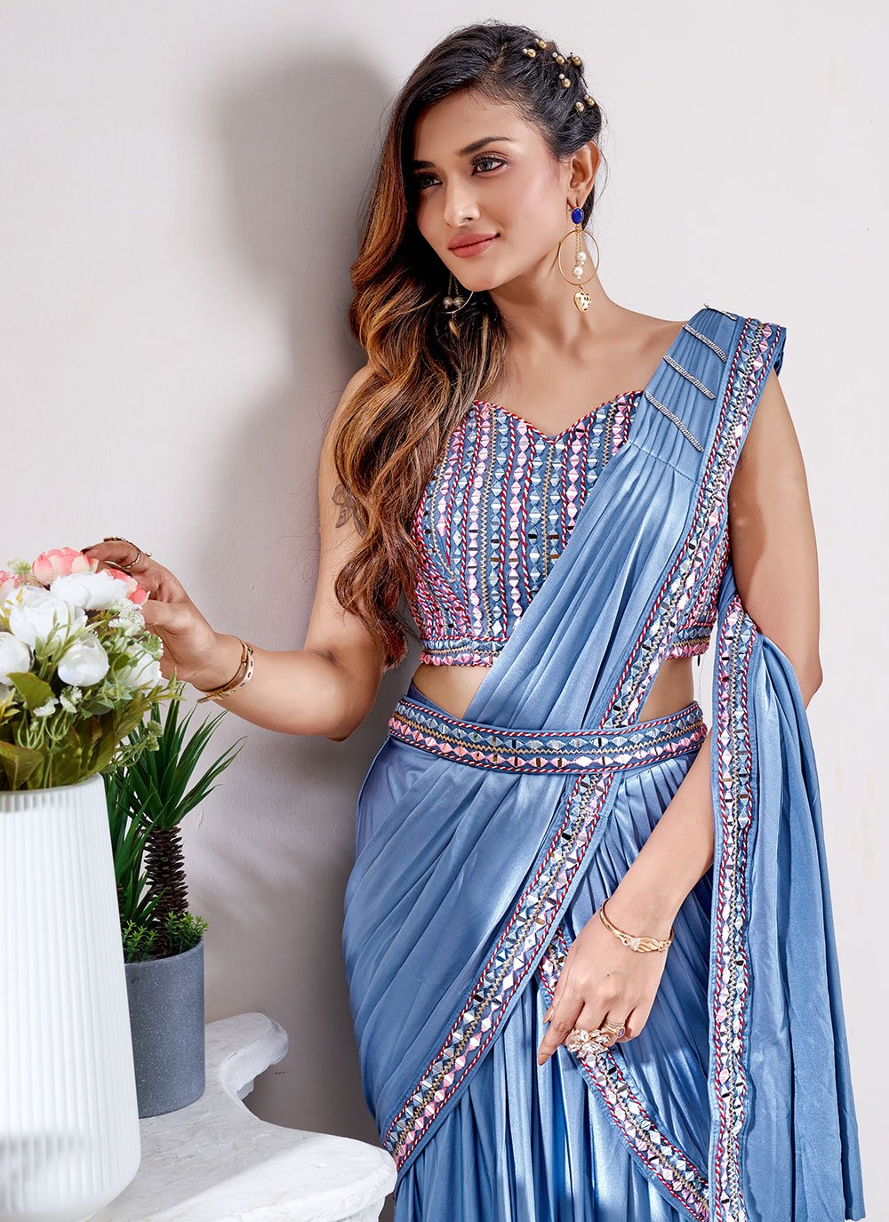 Designer Imported Lycra Blue Embroidered Saree