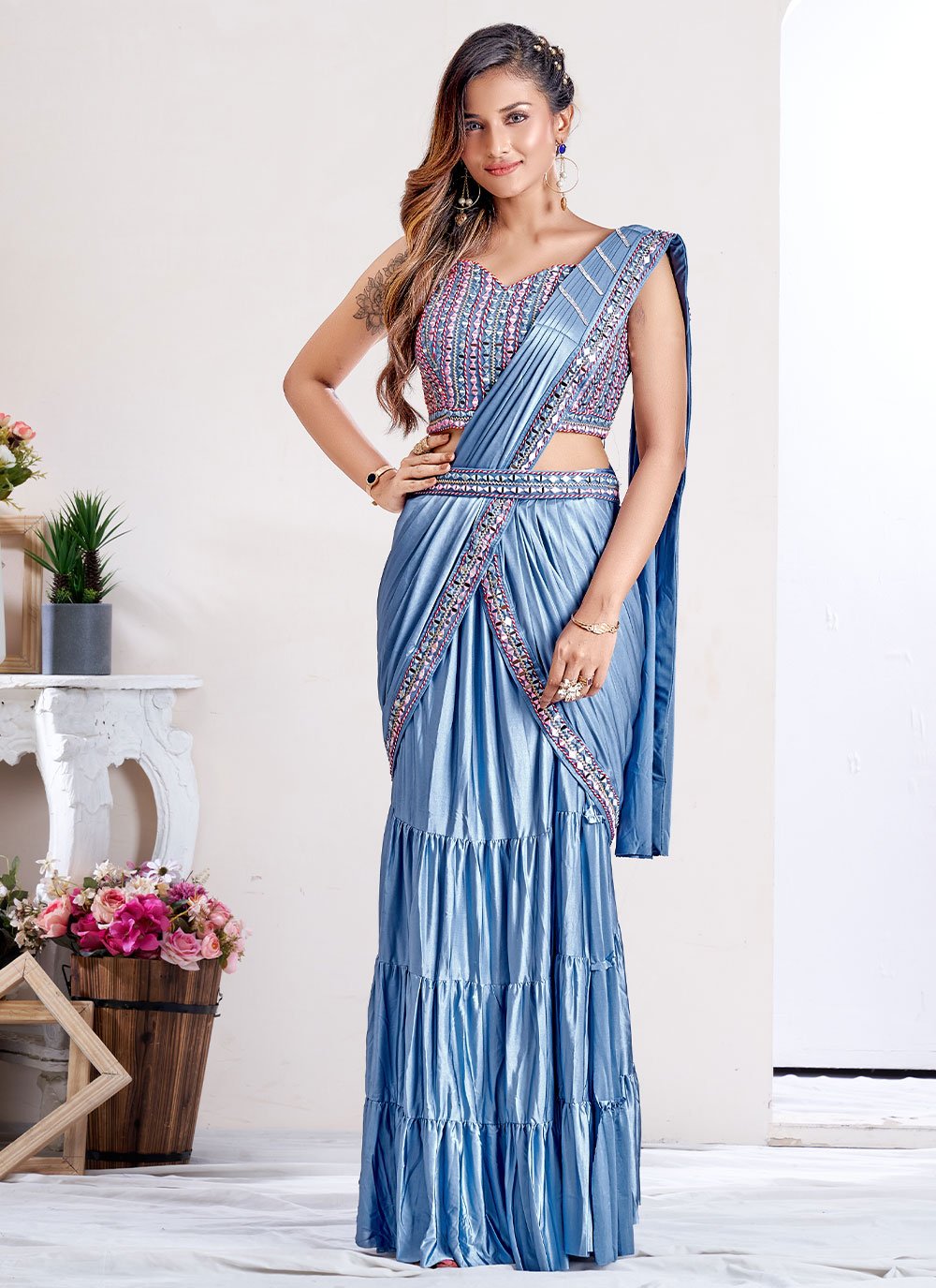 Designer Imported Lycra Blue Embroidered Saree