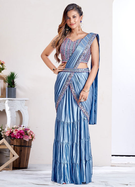 Designer Imported Lycra Blue Embroidered Saree