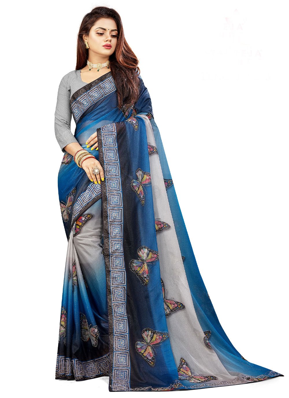 Classic Lycra Blue Fancy Work Saree