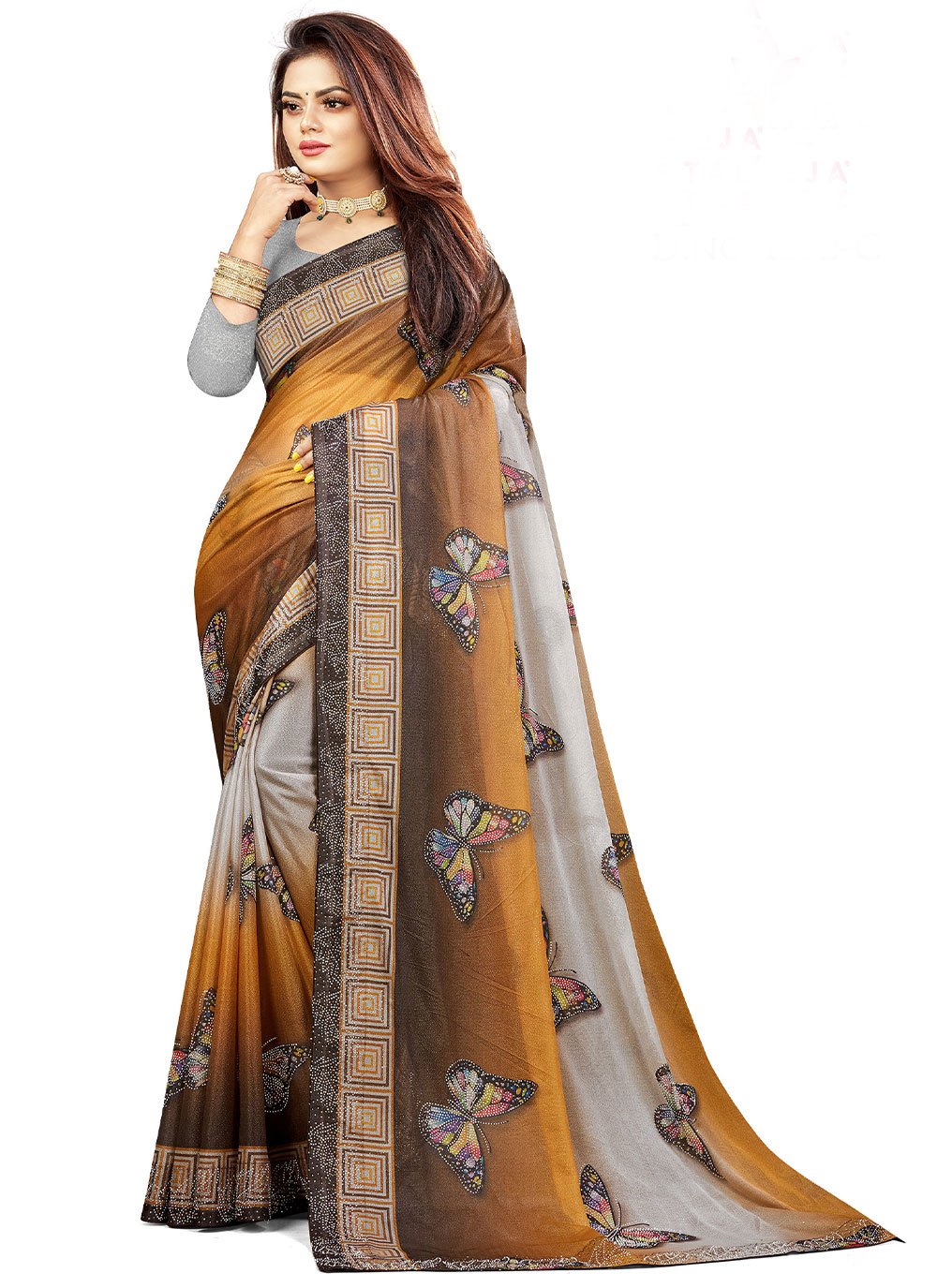 Classic Lycra Brown Grey Fancy Work Saree