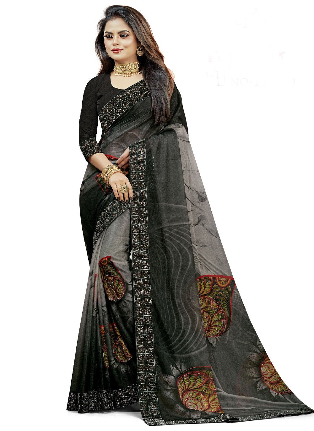 Classic Lycra Black Grey Digital Print Saree