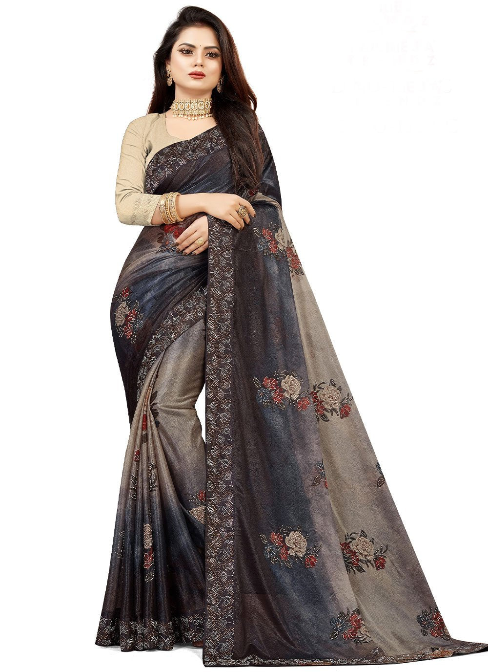 Classic Lycra Blue Grey Digital Print Saree