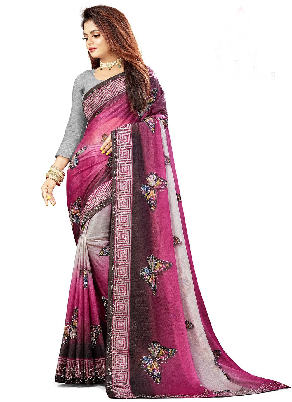 Classic Lycra Grey Purple Fancy Work Saree