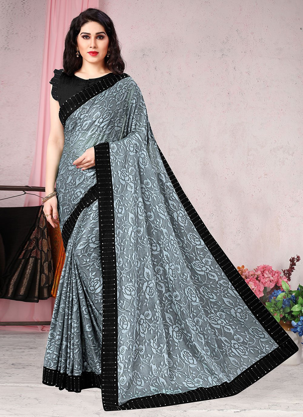 Classic Lycra Silver Floral Patch Saree