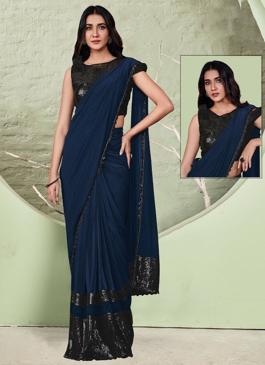 Contemporary Lycra Blue Patch Border Saree