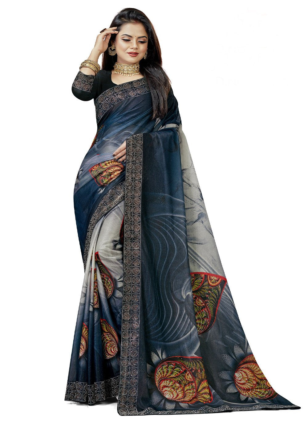 Classic Lycra Blue Digital Print Saree